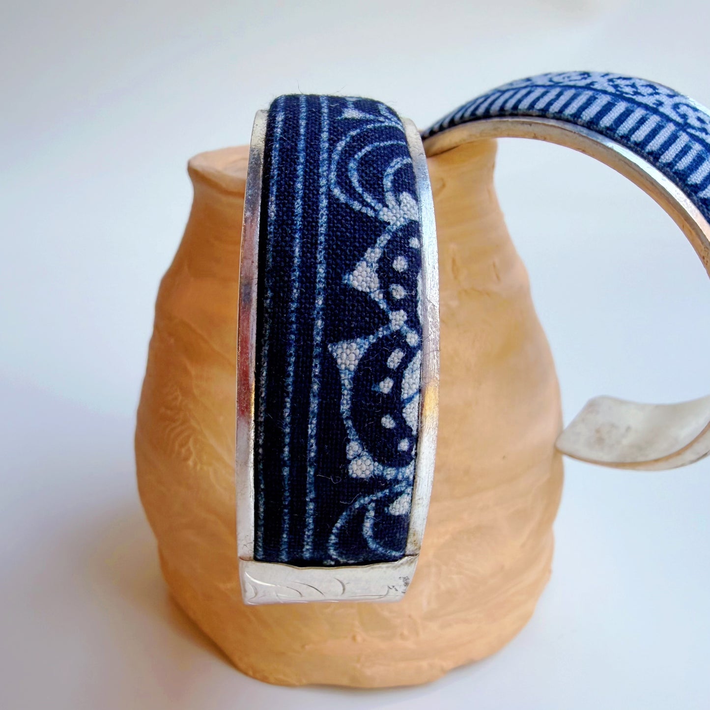 Indigo Textile × Miao Silver Handcrafted Cuff Bracelet