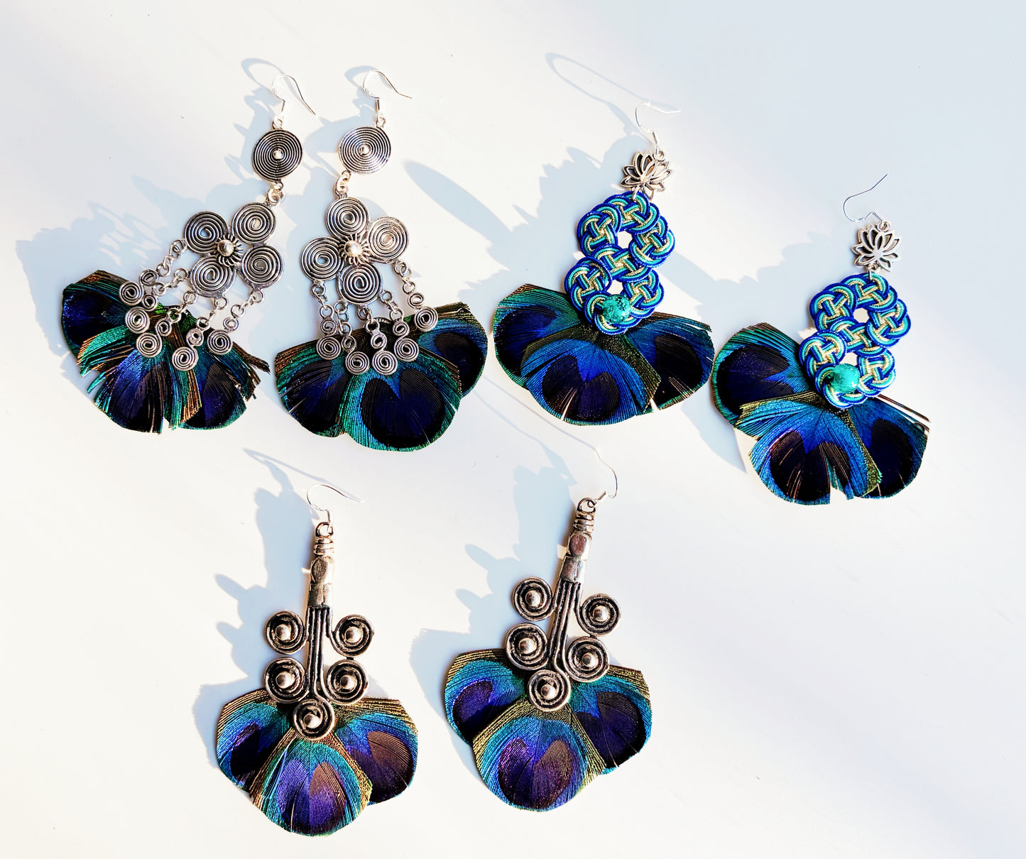 Peacock Feather × Miao Silver Earrings – 925 Silver Hooks