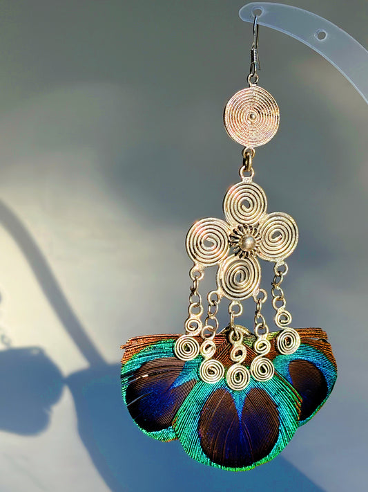 Peacock Feather × Miao Silver Earrings – 925 Silver Hooks