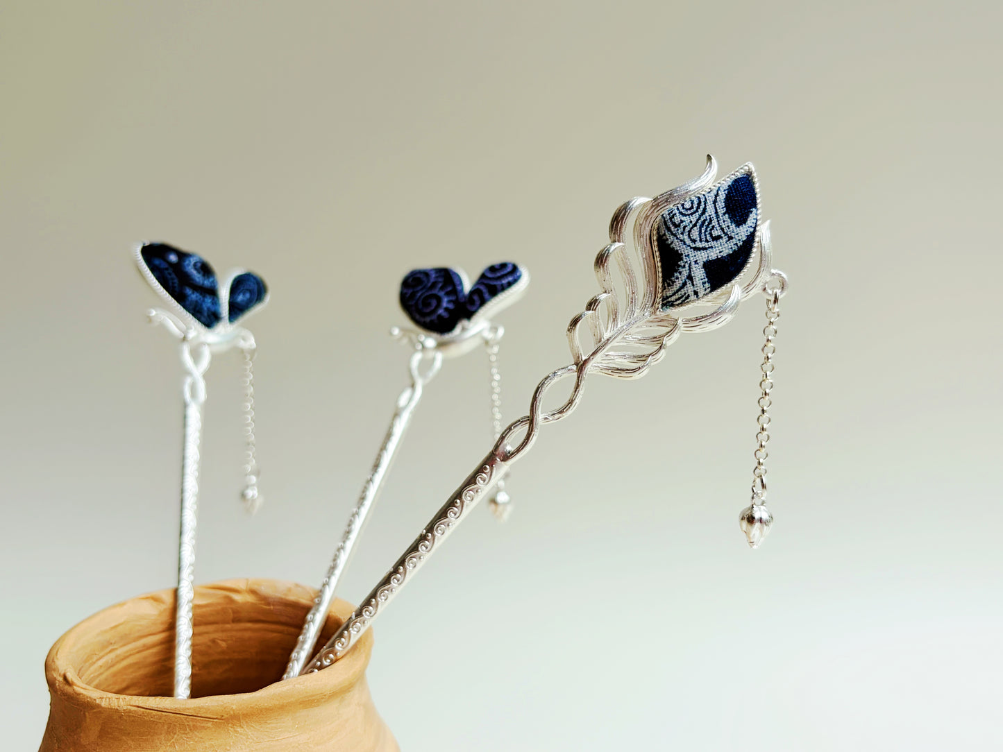 Indigo Fabric ×  “Miao Silver” Hair Pin —Handcrafted