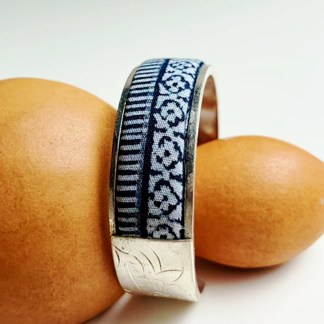 Indigo Textile × Miao Silver Handcrafted Cuff Bracelet