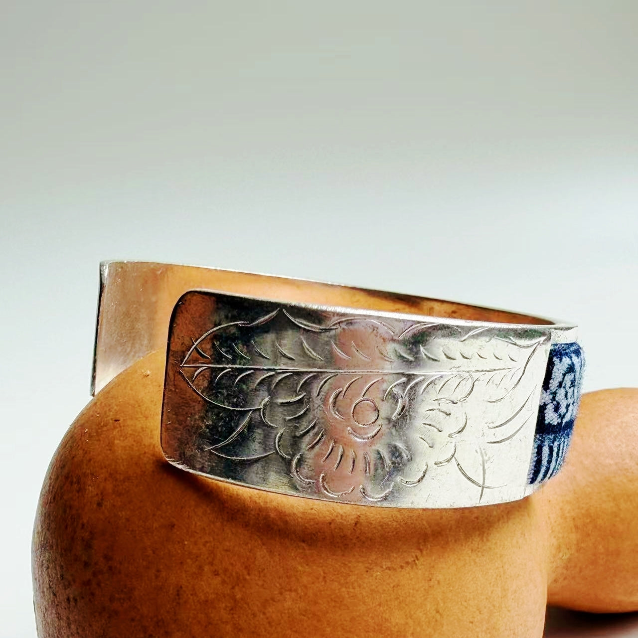 Indigo Textile × Miao Silver Handcrafted Cuff Bracelet