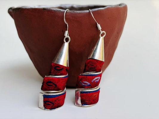 Vintage Miao Embroidery × “Miao Silver” Handcrafted Drop Earrings (Spiral Wrap)