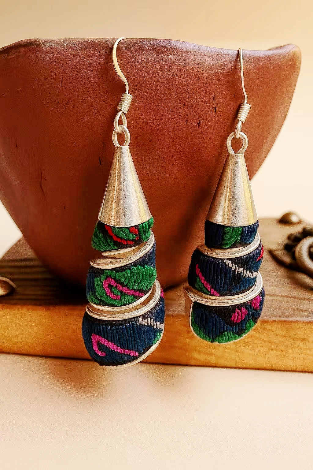 Vintage Miao Embroidery × “Miao Silver” Handcrafted Drop Earrings (Spiral Wrap)