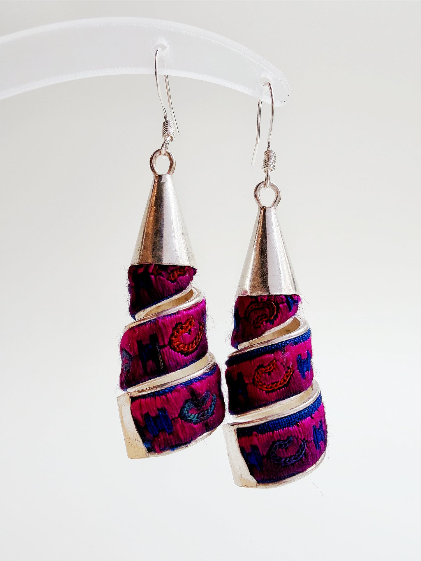 Vintage Miao Embroidery × “Miao Silver” Handcrafted Drop Earrings (Spiral Wrap)