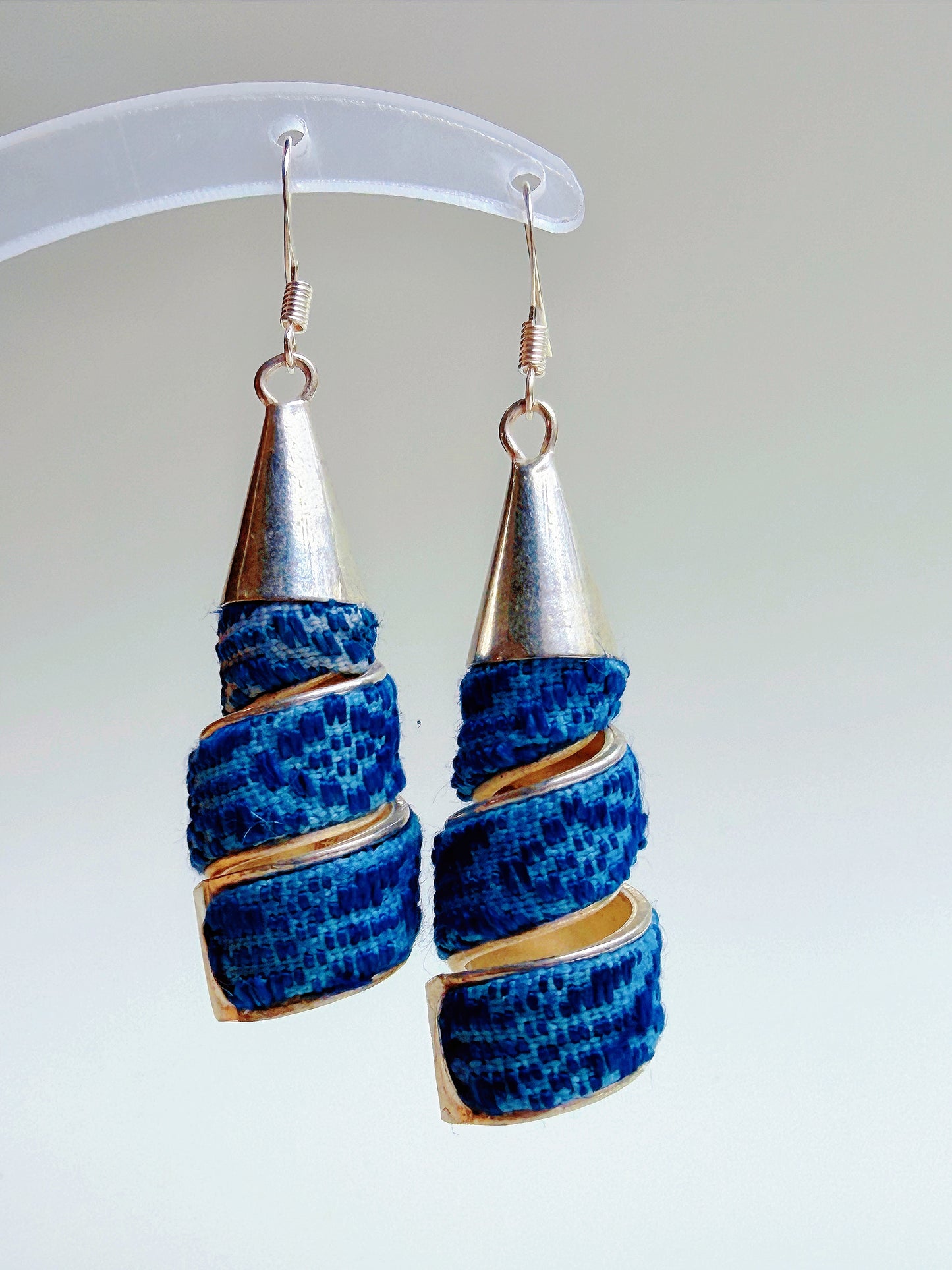 Vintage Miao Embroidery × “Miao Silver” Handcrafted Drop Earrings (Spiral Wrap)