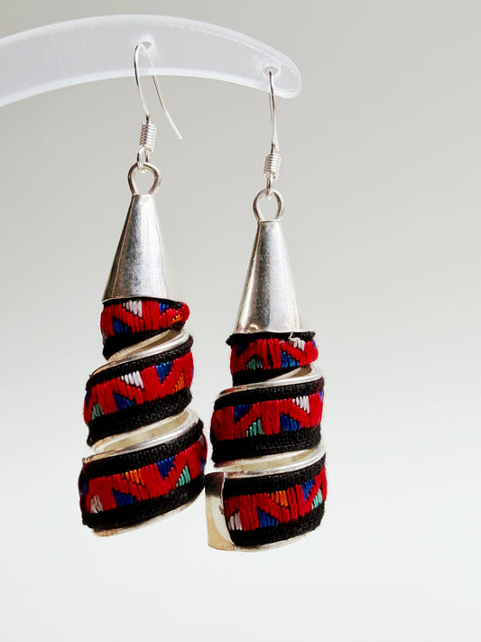 Vintage Miao Embroidery × “Miao Silver” Handcrafted Drop Earrings (Spiral Wrap)