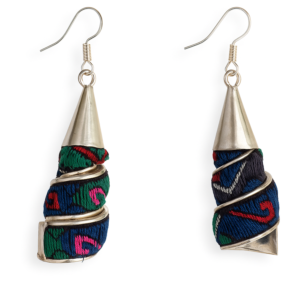 Vintage Miao Embroidery × “Miao Silver” Handcrafted Drop Earrings (Spiral Wrap)
