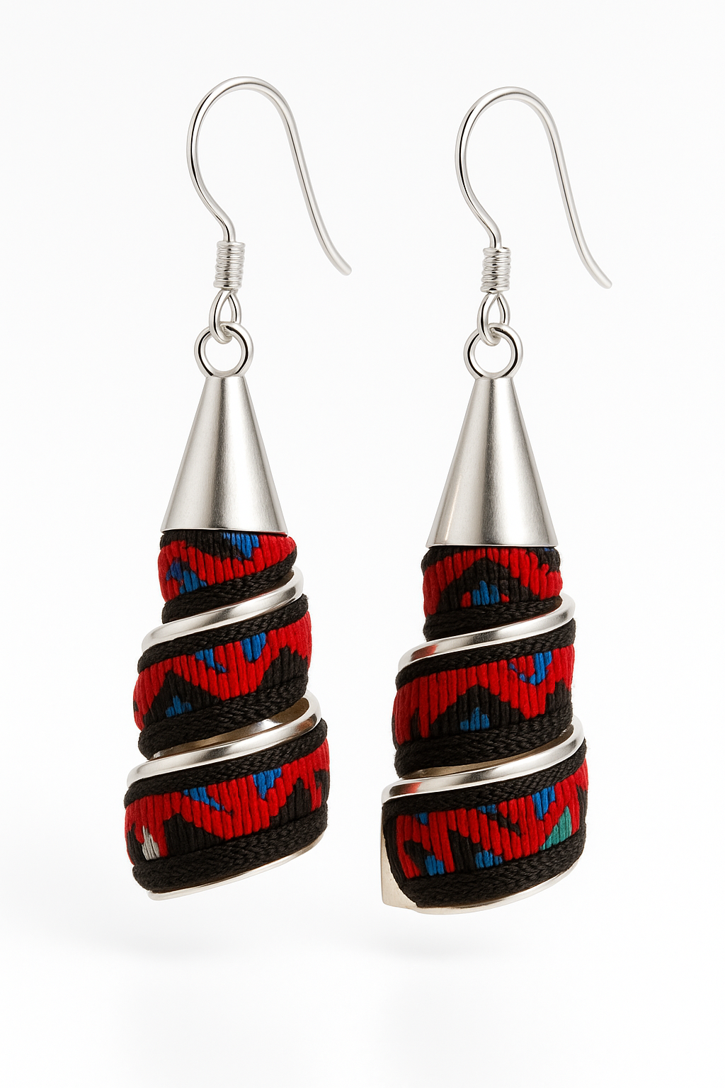 Vintage Miao Embroidery × “Miao Silver” Handcrafted Drop Earrings (Spiral Wrap)