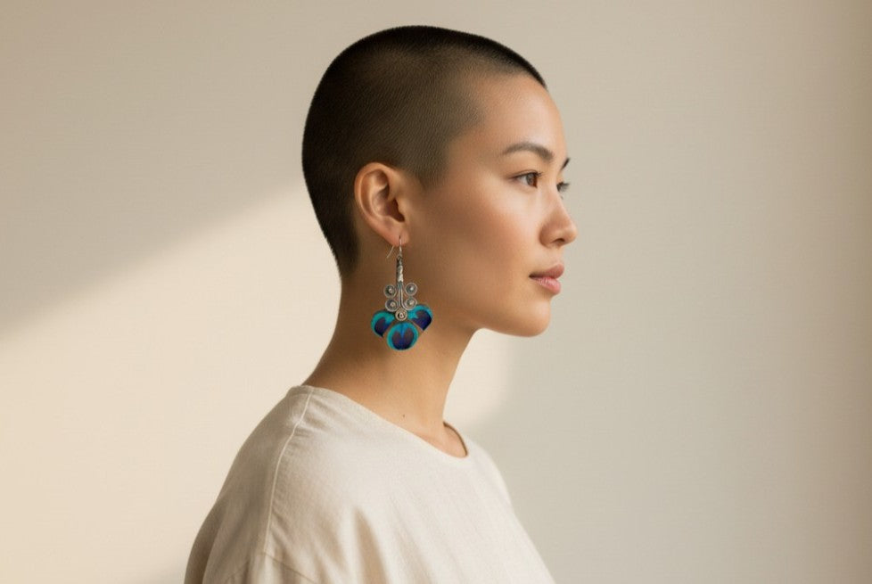 Peacock Feather × Miao Silver Earrings – 925 Silver Hooks