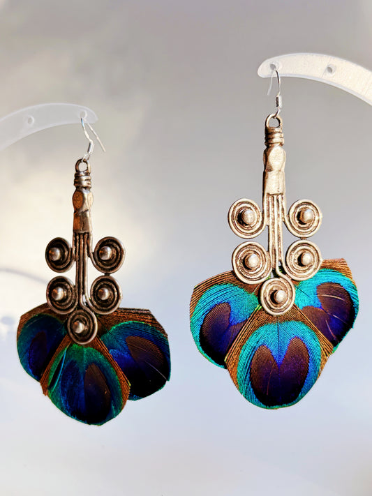 Peacock Feather × Miao Silver Earrings – 925 Silver Hooks