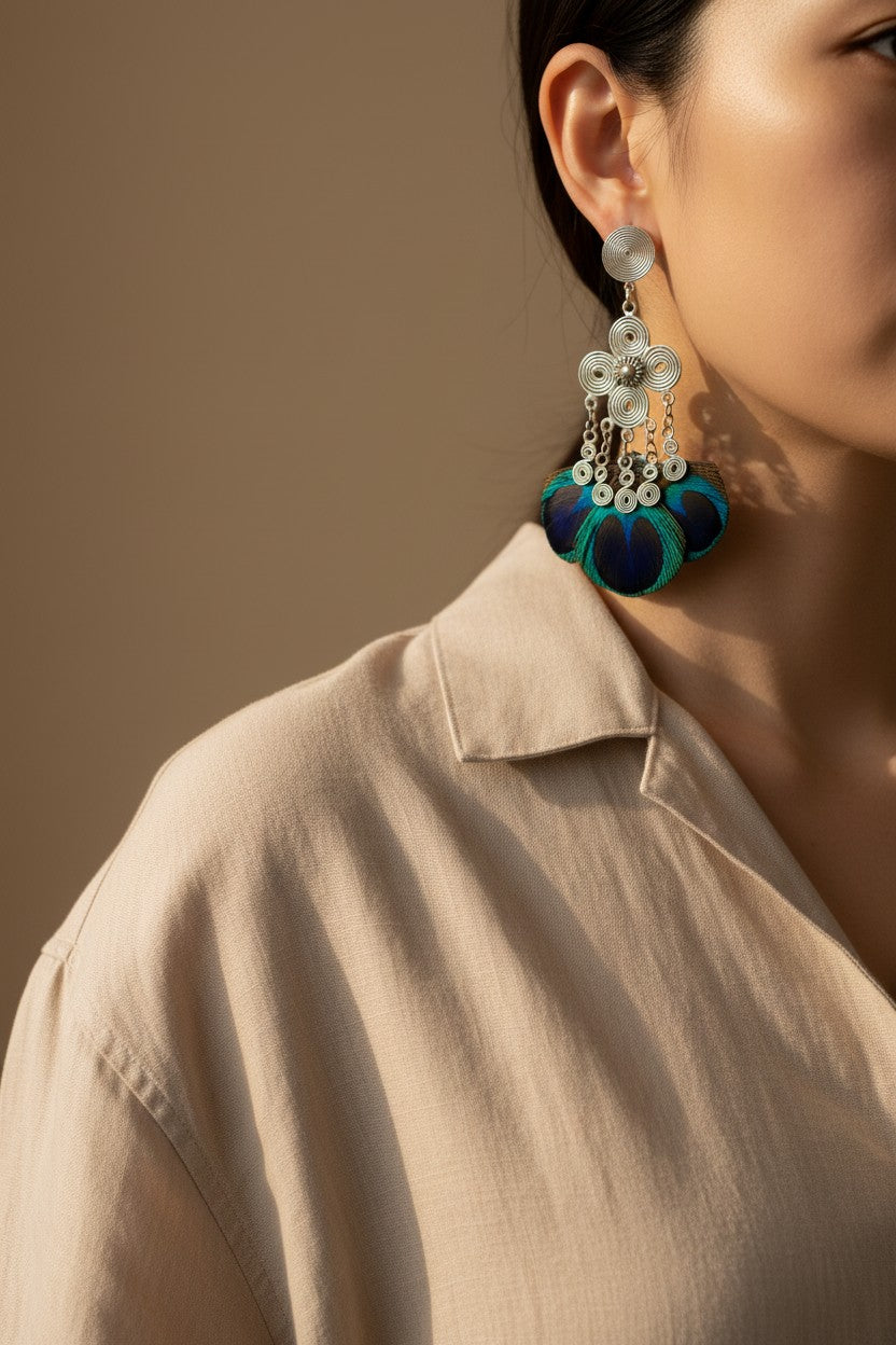 Peacock Feather × Miao Silver Earrings – 925 Silver Hooks